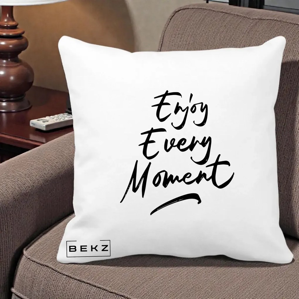 Perna Decorativa Enjoy Every Moment, 40x40 cm, Alba Mata, Husa Detasabila, Perna Inclusa, BEKZ®