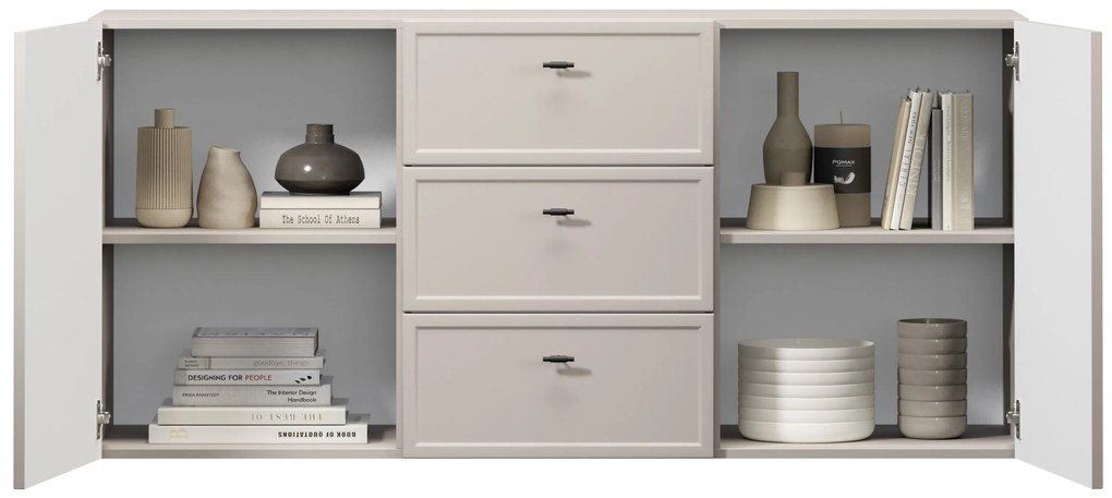 Comodă suspendată cu sertare Lorini 150 cm - cașmir / mânere negre T-bar