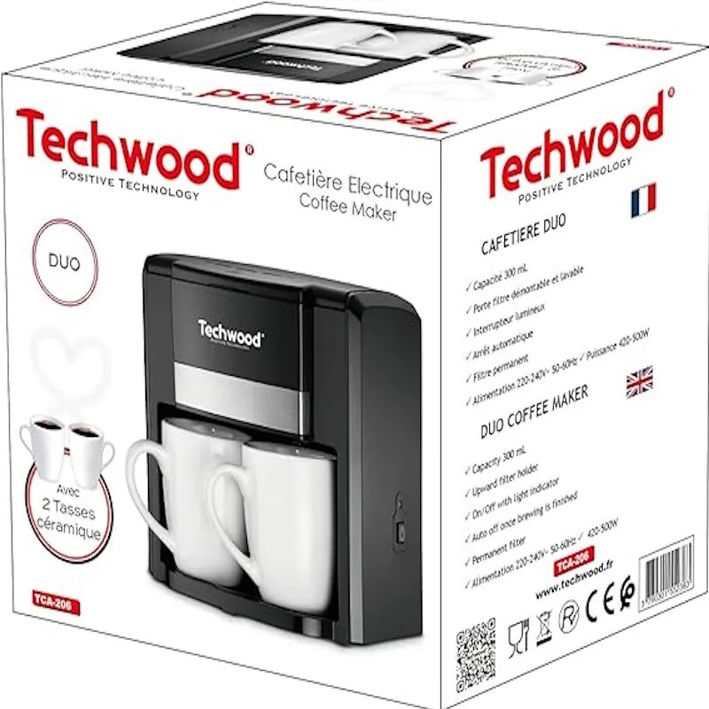 Resigilat: Cafetiera cu 2 cani Techwood TCA-206, 500W, Filtru permanent lavabil, Negru