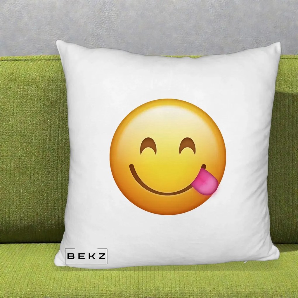 Perna Decorativa Emoji Limba Scoasa, 40x40 cm, Alb Pufos, Husa Detasabila, Perna Inclusa, BEKZ®