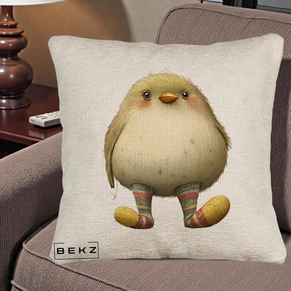 Perna Decorativa Pui Pufos cu Sosete Dungate, 40x40 cm, Bej Canapea, Husa Detasabila, Perna Inclusa, BEKZ®