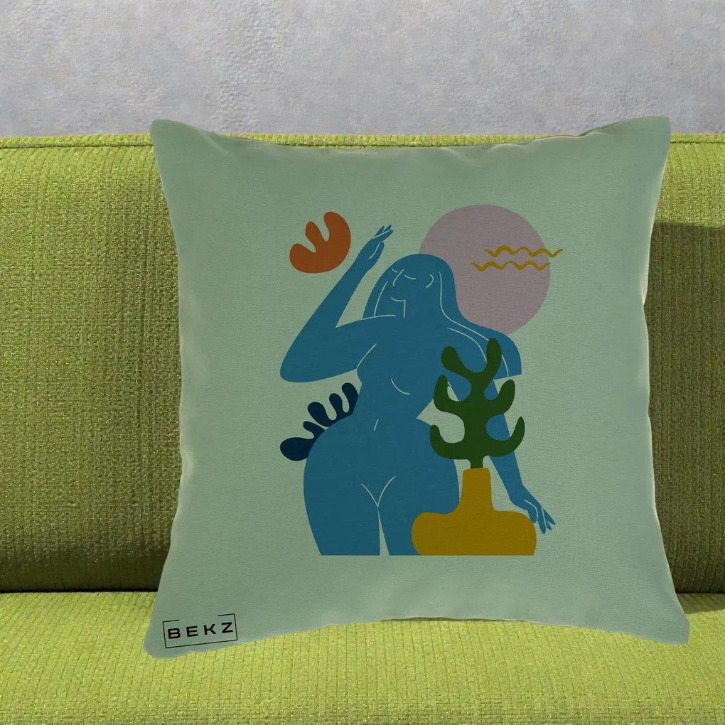 Perna Decorativa Femeie Albastra Cactus, 40x40 cm, Verde, Husa Detasabila, Perna Inclusa, BEKZ®