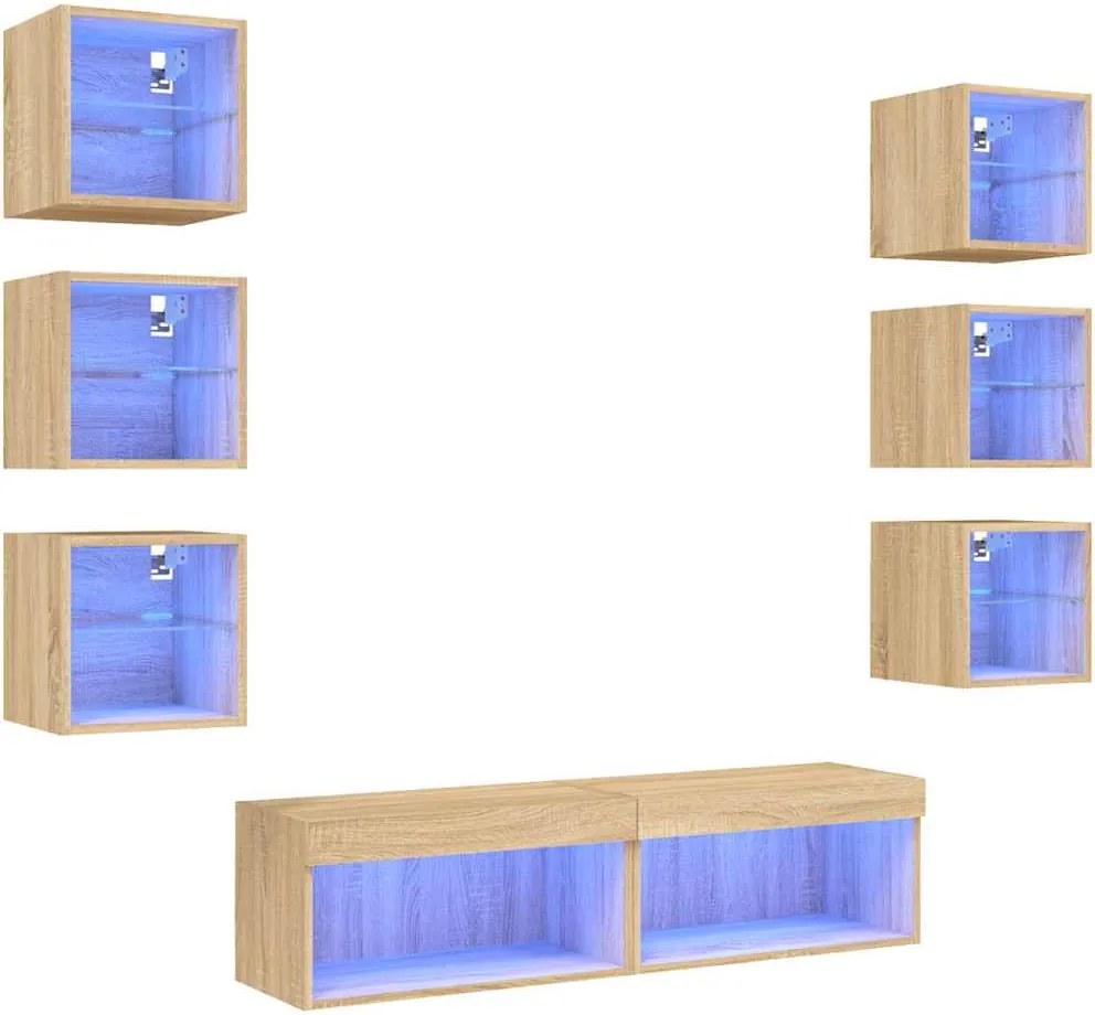 vidaXL Unități de perete TV cu LED-uri, 8 piese, stejar sonoma, lemn
