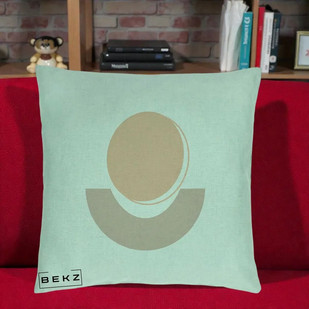 Perna Decorativa Geometric Boho Luna si Disc, 40x40 cm, Verde Menta, Husa Detasabila, Perna Inclusa, BEKZ®