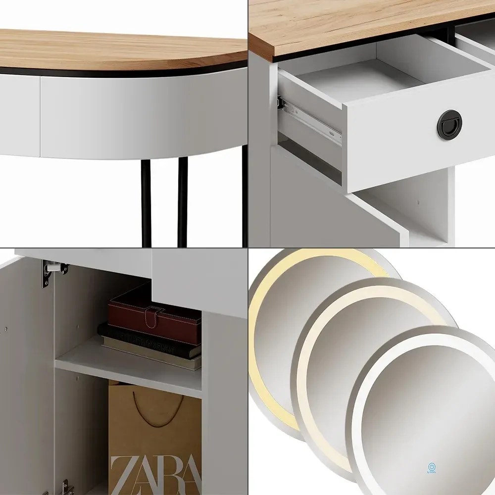 SEA808 - Set Masa toaleta 120 cm, cosmetica, machiaj, oglinda cu LED, masuta vanity - Alb - Negru - Culoarea Stejar