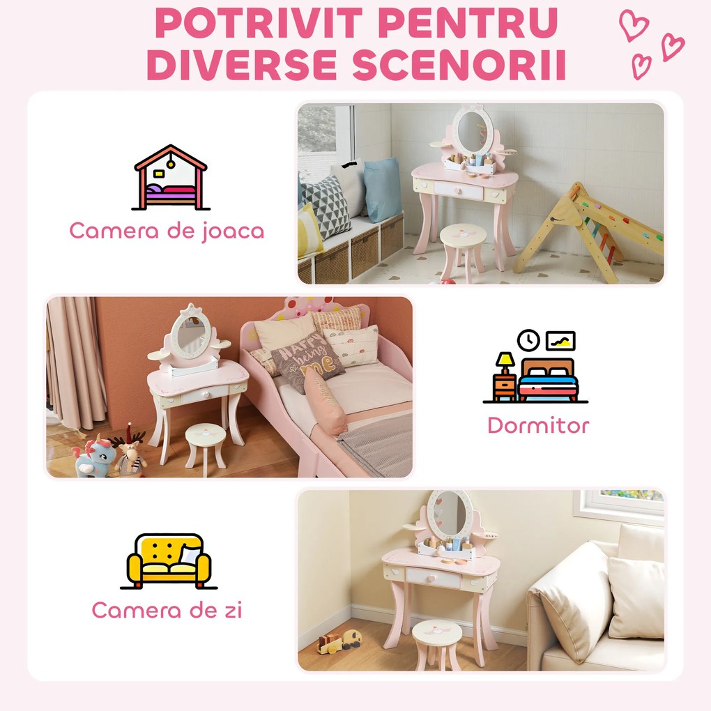 AIYAPLAY Set Masă de Toaletă pentru Copii cu Oglindă și Scaunel, 7 Accesorii de Joc, Sertar, Depozitare pe Birou, Roz | Aosom Romania
