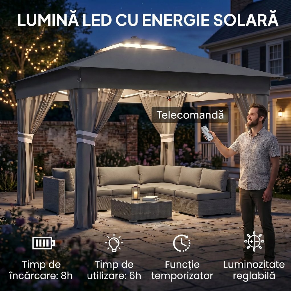 Outsunny Foisor tip pop-up 3 x 3(m),20 lumini LED alimentate de la soare,geanta cu roti, 4 saci de greutate, inaltime reglabila, Gri | Aosom Romania