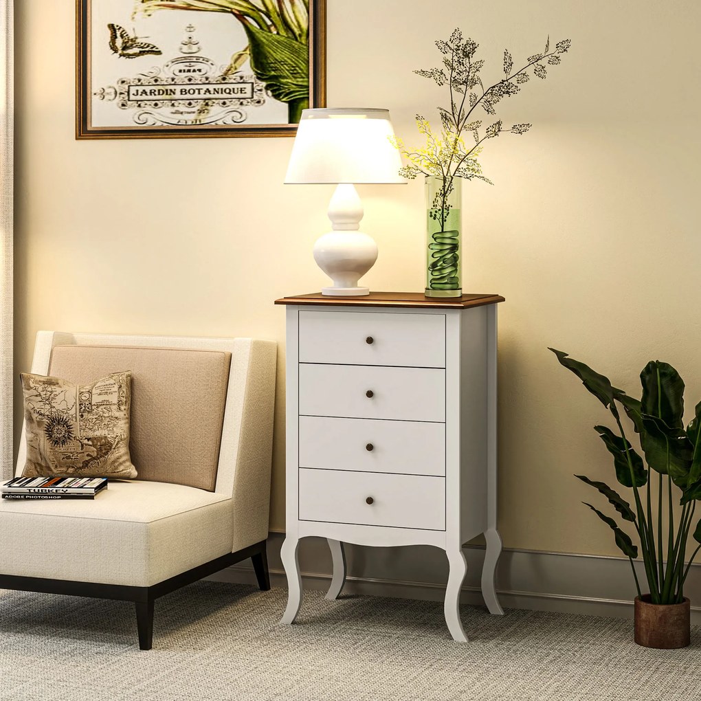 HOMCOM Cămin de Dormitor cu 4 Sertare Design Anti-răsturnare Coteț pentru Sufragerie Hol 60x40x98,5 cm Alb și Stejar | Aosom Romania