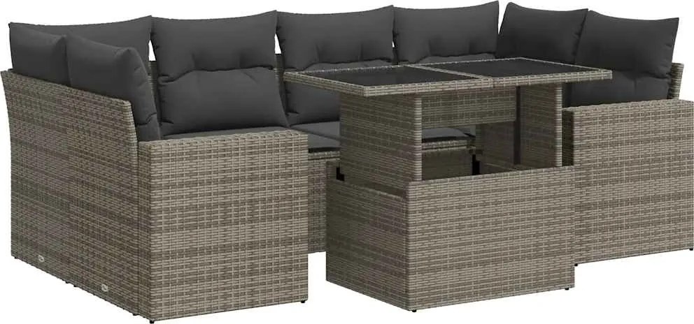 vidaXL Set canapele de grădină, 7 piese, cu perne, gri, poliratan