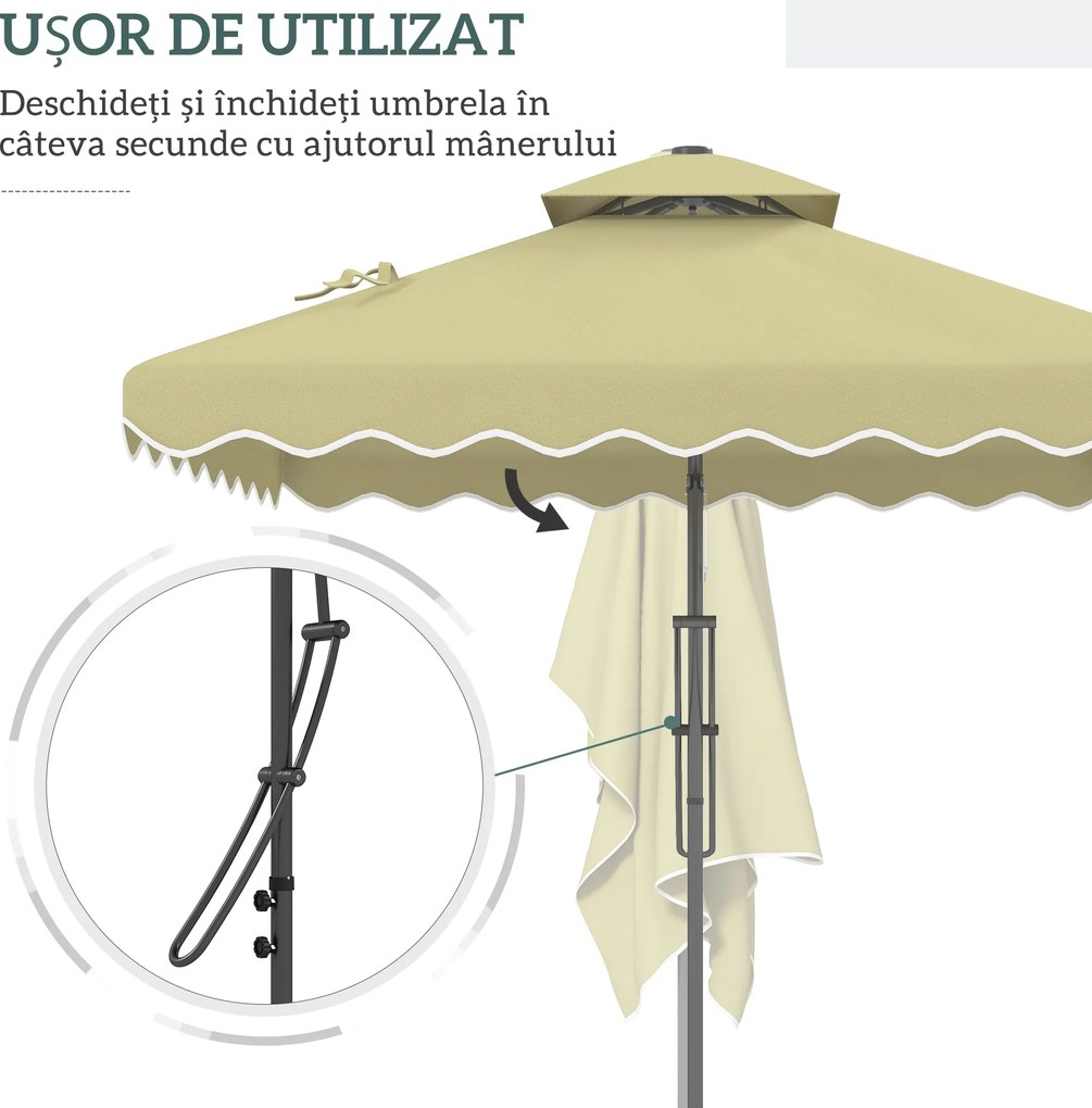 Outsunny Umbrelă Suspendată cu Copertină Dublă, Deschidere cu Manivelă, Bază în Cruce şi Falduri, 2.5x2.5 m, Bej | Aosom Romania