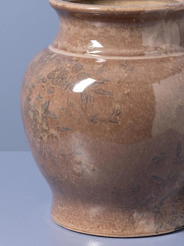 Vază din ceramică artizanală roz cu decor botanic, finisaj lucios, 20×21 cm, „Rosaire"