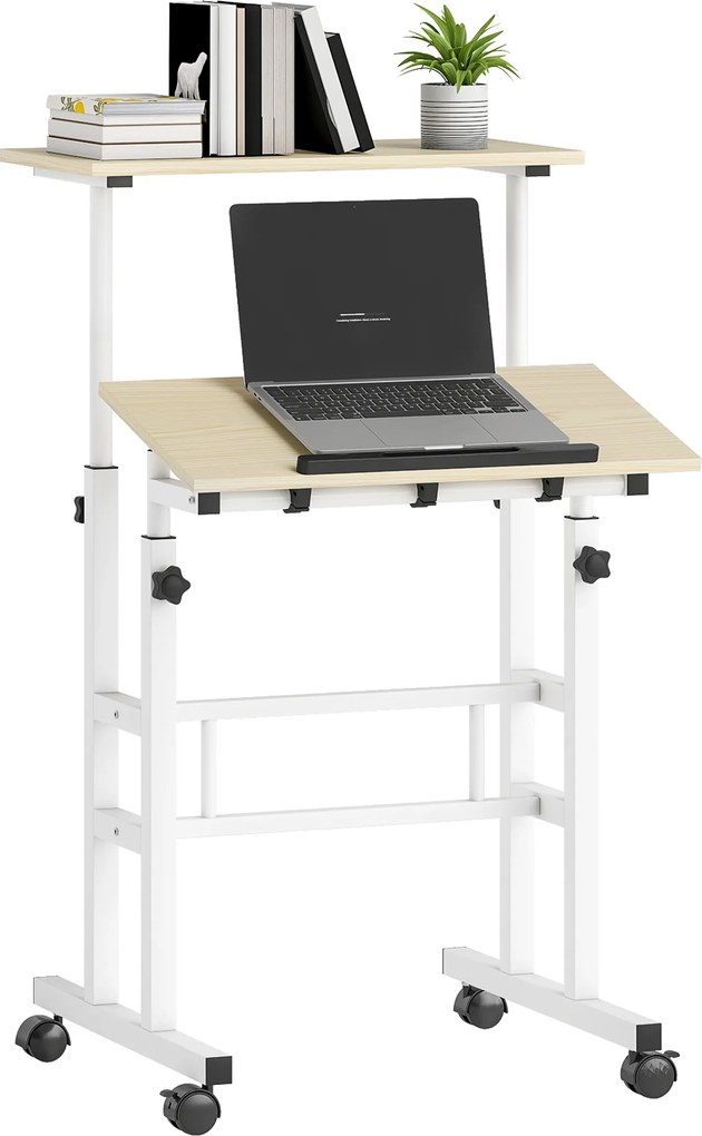 HOMCOM Birou șezut-în-picioare birou reglabil pe înălțime 60 x 60 cm pe roți cu blat înclinabil cadru metalic natural | Aosom Romania
