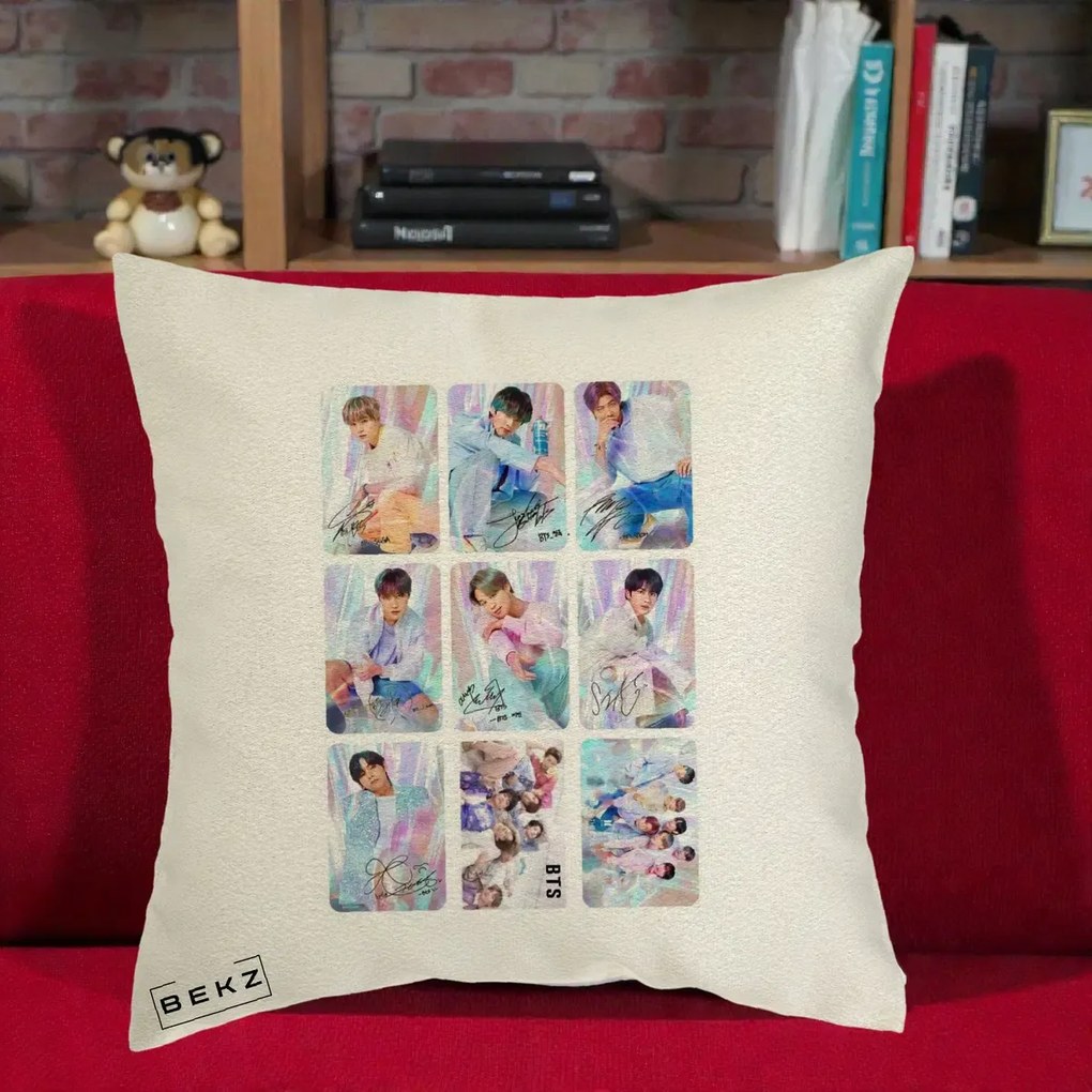 Perna Personalizata K-pop BTS Colaj 9 Fotografii Autografe Individual, 40x40 cm, Ecru, Husa Detasabila, Perna Inclusa, BEKZ®