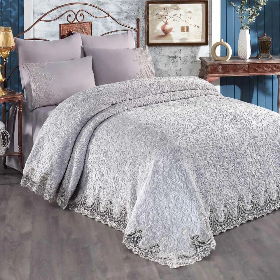 Set Luxury pentru pat, Patura cu dantela + Cearceaf de pat + 4 fete de perna, Gri
