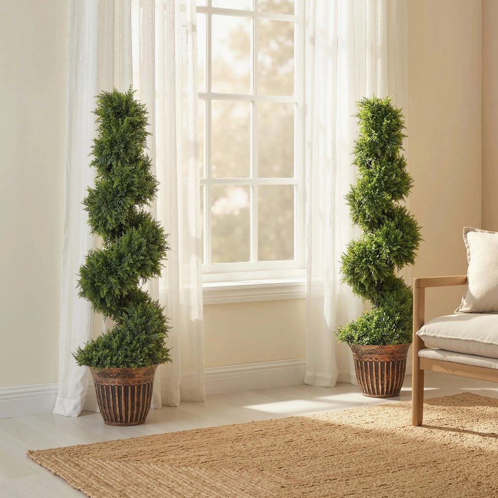 HOMCOM Set 2 Chiparoși Artificiali Spiralați 120 cm cu Ghiveci, pentru Decor Interior și Exterior, Verde | Aosom Romania