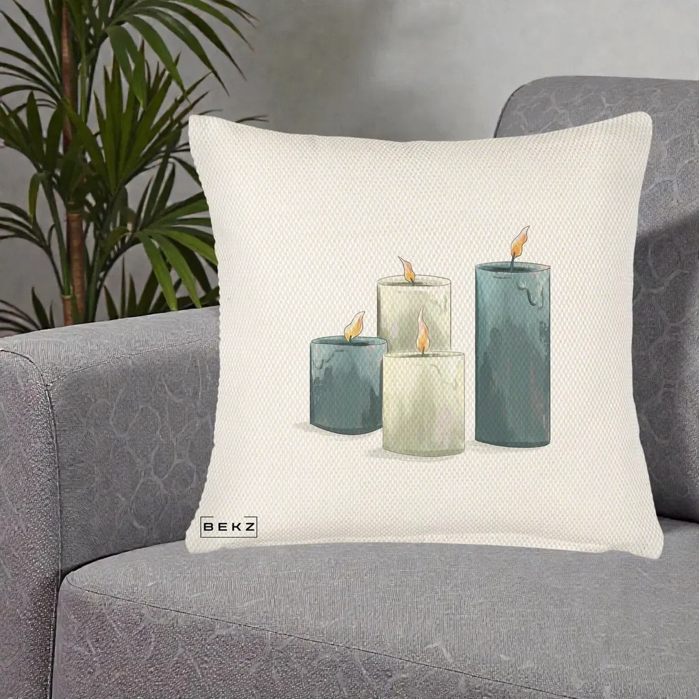 Perna Decorativa Lumanari Hygge Alb-Verde, 40x40 cm, Crem Reliefat, Husa Detasabila, Perna Inclusa, BEKZ®