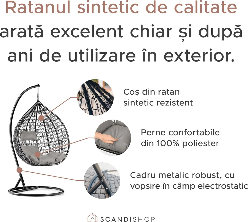 Scaun suspendat negru KOKON cu suport, perna verde-alb