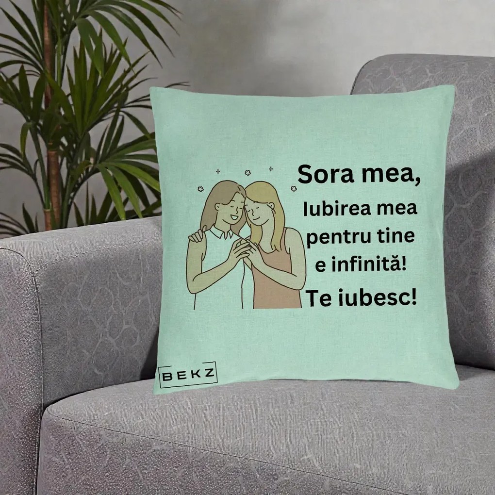 Cadou pentru Sora - Perna Personalizata Sora Mea Te Iubesc Imbratisare cu Sclipiri, 40x40 cm, Verde Menta, Husa Detasabila, Perna Inclusa, BEKZ®