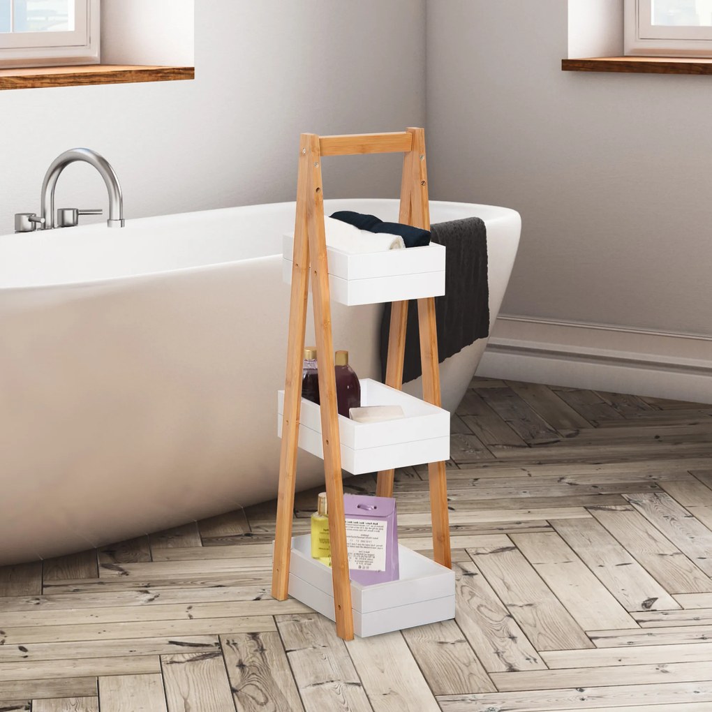 Raft cu 3 etajere Dulapior pentru baie cu economisire spatiu si multifunctional din lemn MDF si bambus 21x30x81cm, Alb HOMCOM | Aosom RO