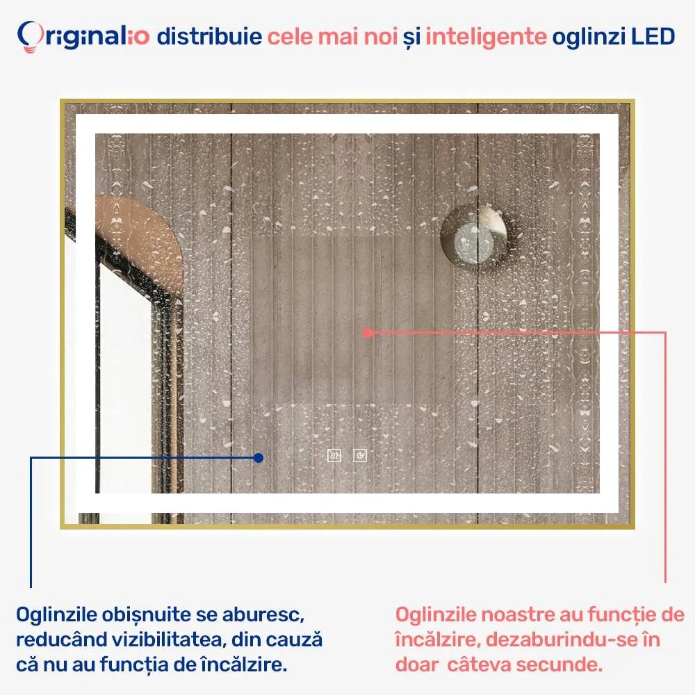 Oglindă LED Dreptunghiulară (80x60 cm), 3 Moduri Iluminare (Lumină Rece, Naturală, Caldă), Intensitate Reglabilă, Funcție Dezaburire, Ramă Aluminiu, Control Tactil (Touch)