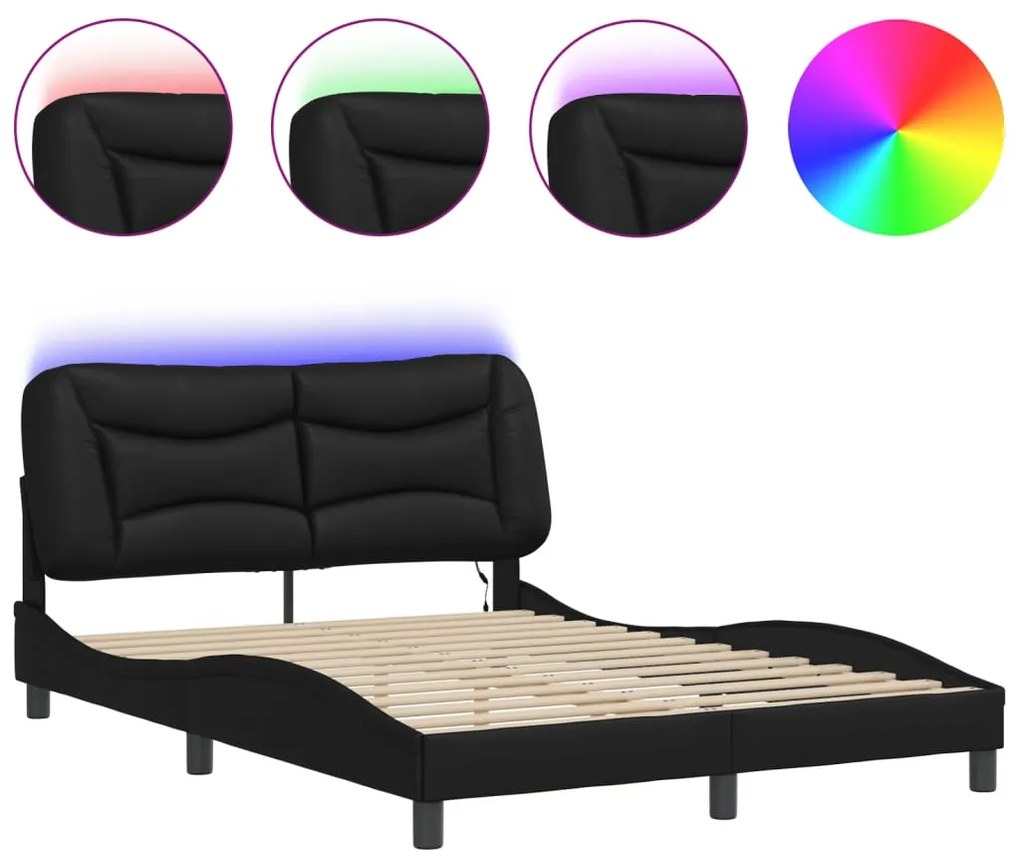 3213927 vidaXL Cadru de pat cu lumini LED, negru, 140x190 cm, piele ecologică