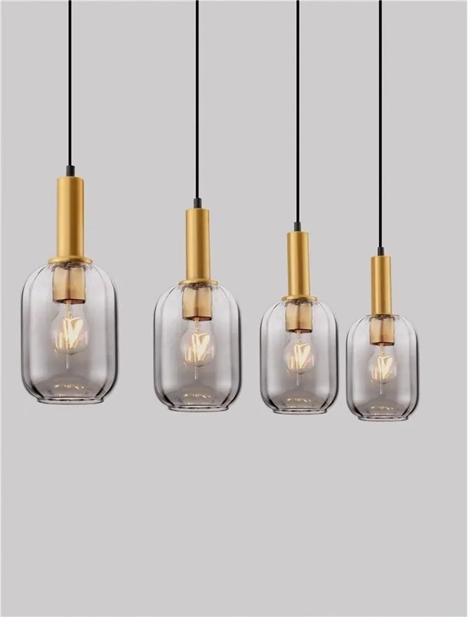 Lustra cu 4 pendule, Metal, Auriu, Sticla, Fumurie, MAHO
