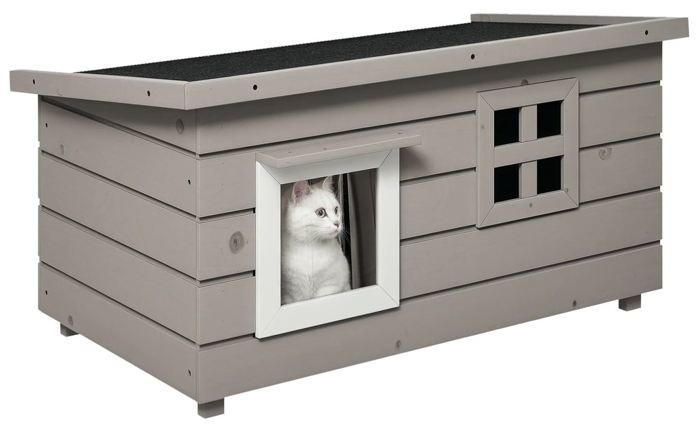 Casa din lemn pentru pisici Pawhut, Canisa de adapost ridicata pentru pisici, Casuta de joaca pentru animale de companie, cu acoperis de asfalt, Cortina din PVC, Fereastra, 87 x 52 x 48 cm, Gri | Aosom Romania