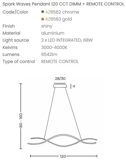 Lustra LED CCT suspendata cu telecomanda SPARK WAVES 120 crom