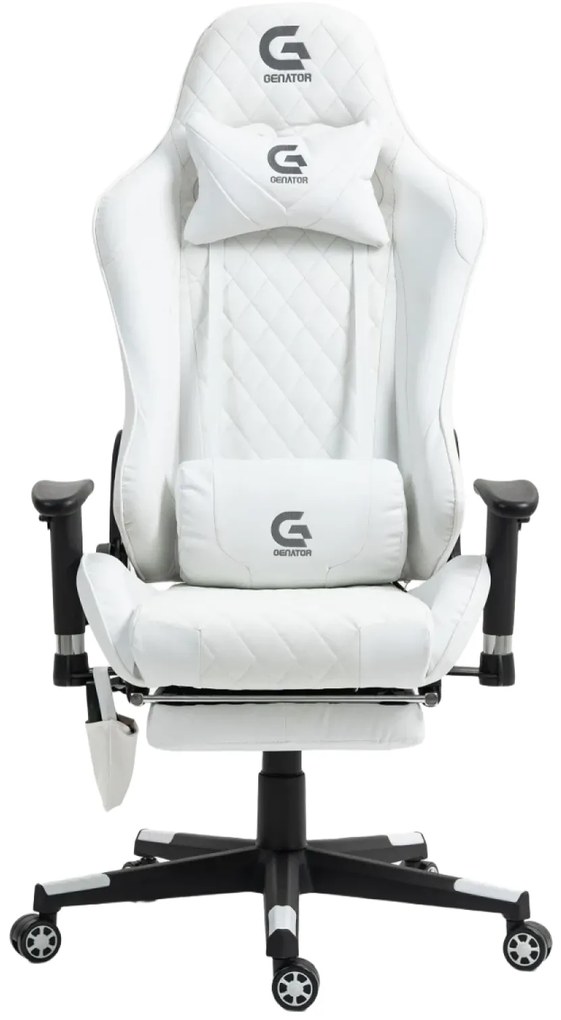 RESIGILAT- Scaun gaming, Masaj in 7 puncte, Boxe Bluetooth, funcție șezlong, 90-180 grade, suport picioare, sezut benzi elastice sustinere suplimentara, PU, Alb