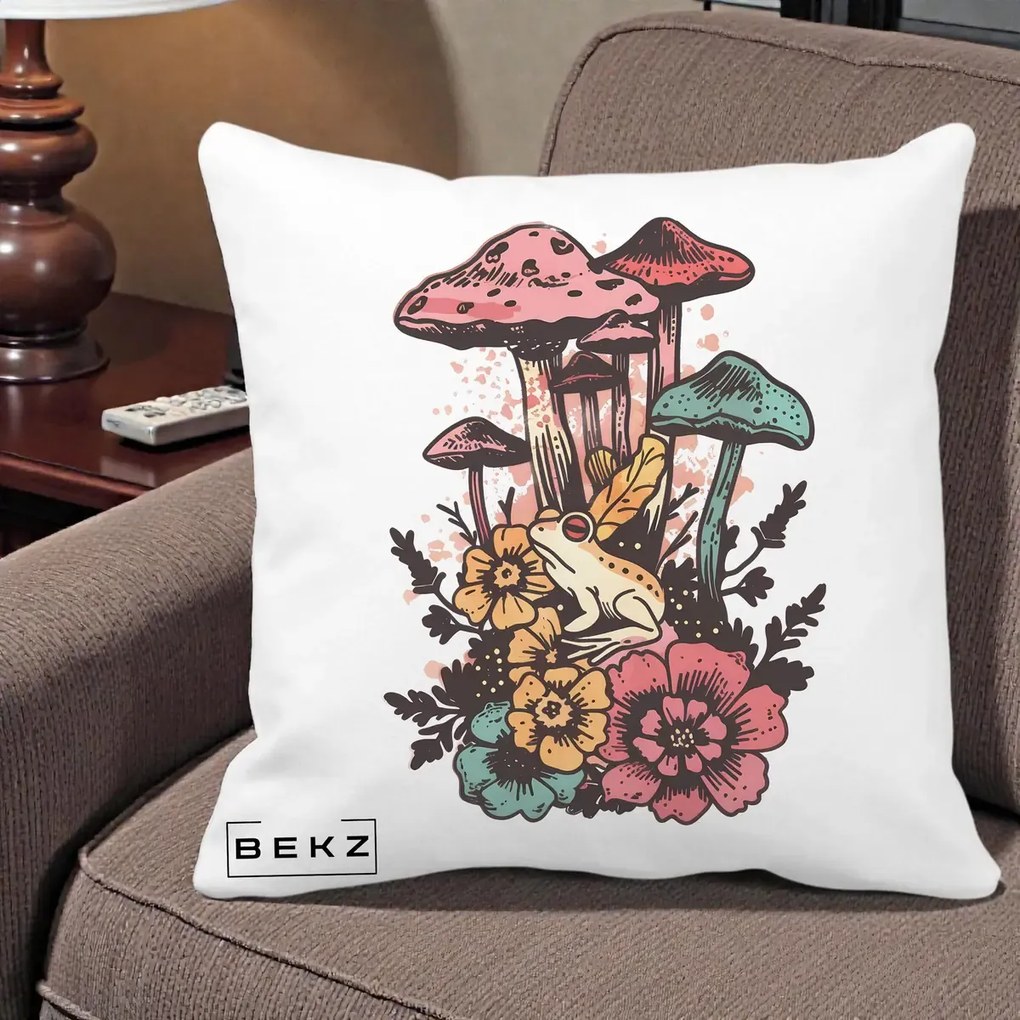 Perna Decorativa Ciuperci si Broaste Boho, 40x40 cm, Alba Mata, Husa Detasabila, Perna Inclusa, BEKZ®