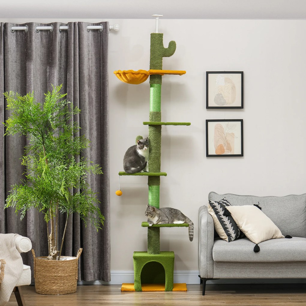 PawHut Ansamblu de Zgâriat pentru Pisici cu Fixare în Tavan, 230-275 cm, Hamac, Căsuță, Stâlpi din Sisal, Verde | Aosom Romania