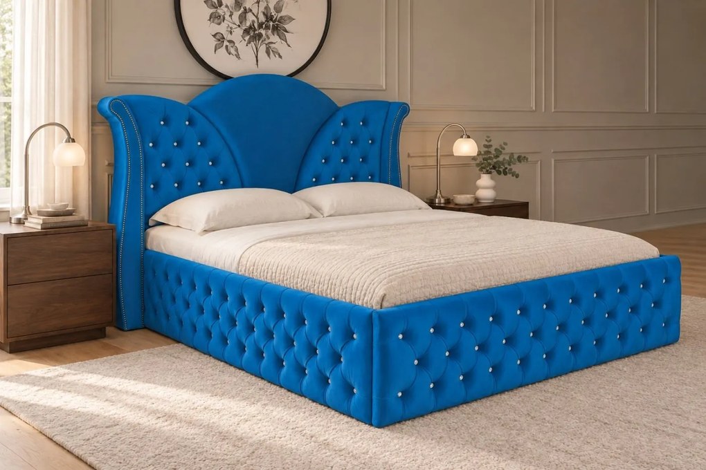 Pat tapițat Chesterfield din catifea Velora Deluxe 180×200 cm, albastru, cu ladă de depozitare