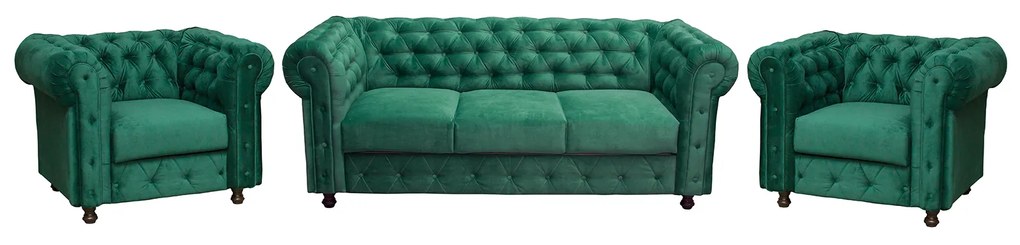 Set CHESTERFIELD 3-1-1, canapea  extensibila 3 locuri si 2 fotolii fixe, verde
