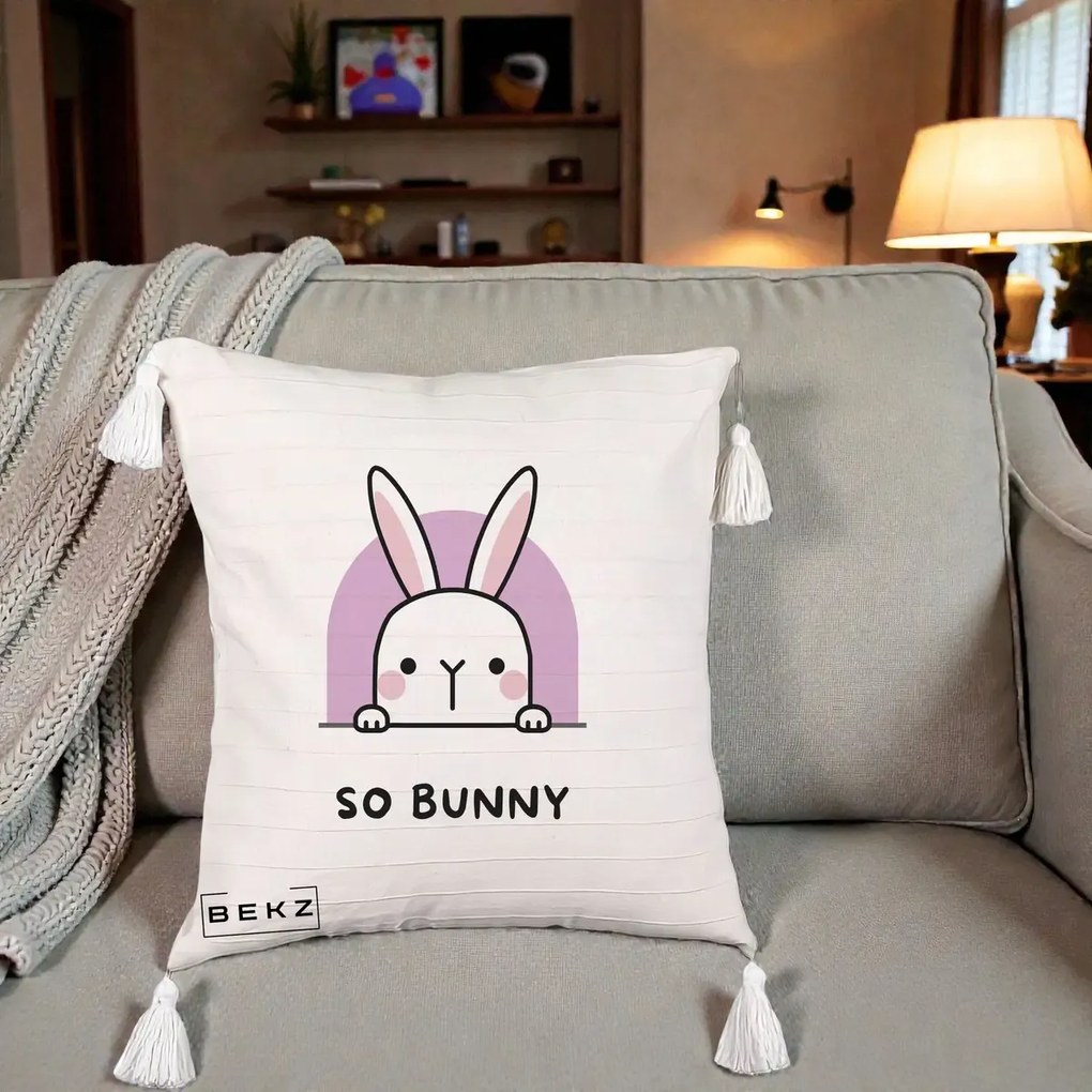 Perna Decorativa So Bunny Kawaii, 40x40 cm, Bej cu Franjuri, Husa Detasabila, Perna Inclusa, BEKZ®