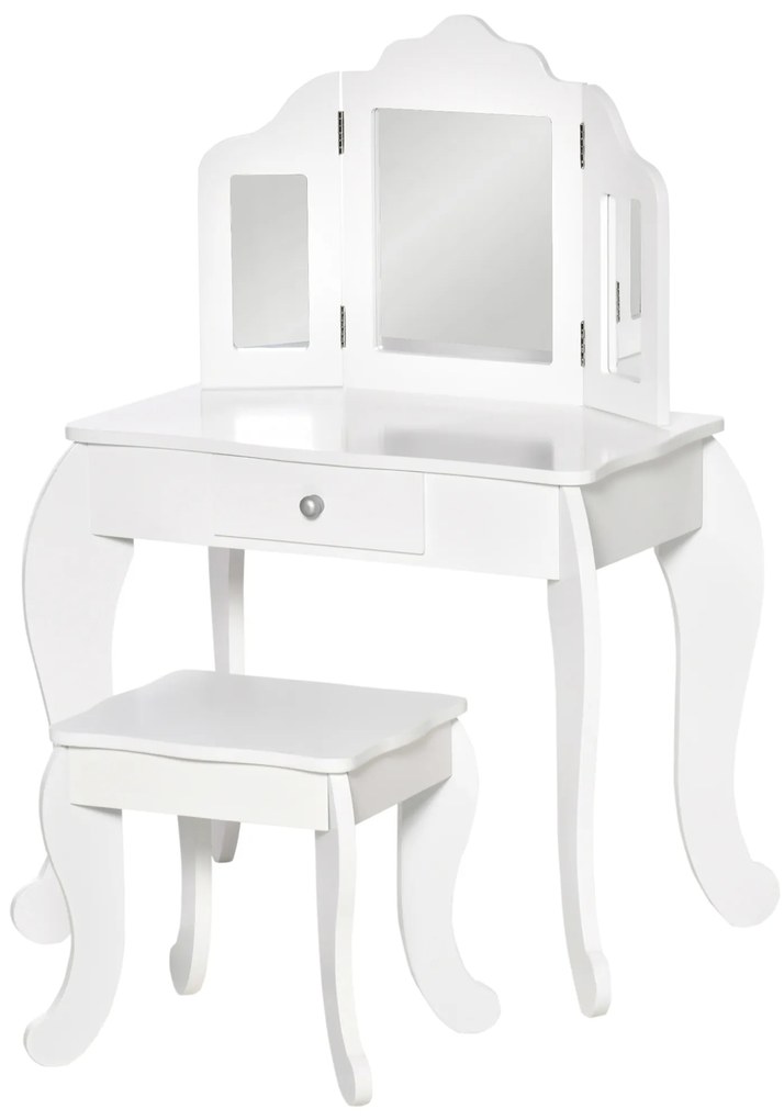 HOMCOM Coafatoare pentru Copii cu Taburet, oglindă triptică și Sertar Culisant - Dimensiuni Coafatoare 63L x 40l x 85,5H cm - Alb Acrilic | Aosom Romania