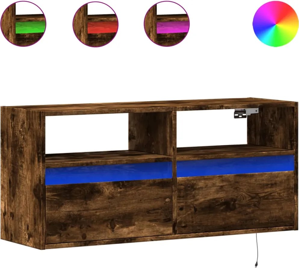 vidaXL Comodă TV de perete cu lumini LED, stejar fumuriu, 100x31x45 cm