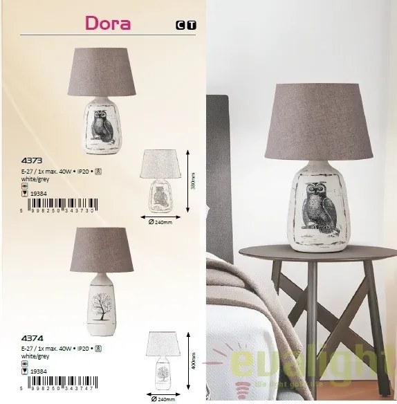 Veioza, lampa de masa, finisaj alb/gri, diametru 24cm, Dora 4373 RX