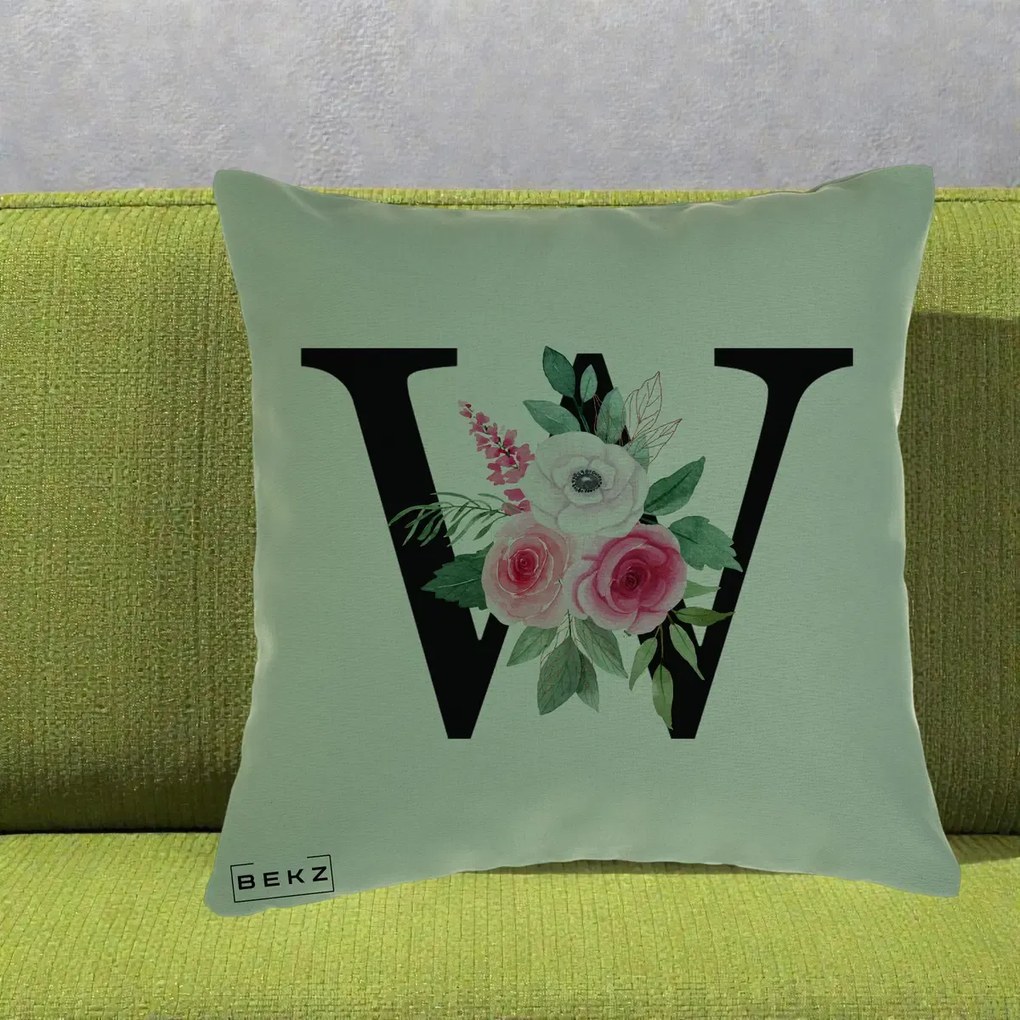 Cadou Personalizat - Perna Personalizata Monograma Florala Litera W cu Trandafiri si Anemona, 40x40 cm, Verde, Husa Detasabila, Perna Inclusa, BEKZ®