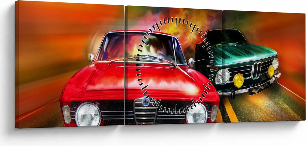 Tablou - Mașini de curse retro (cu ceas) (90x30 cm)