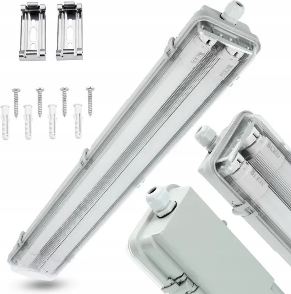 Corp LED tehnic tubular T8, 2x soclu G13, 10W, 230V, 6000K, 60 cm, IP65, alb