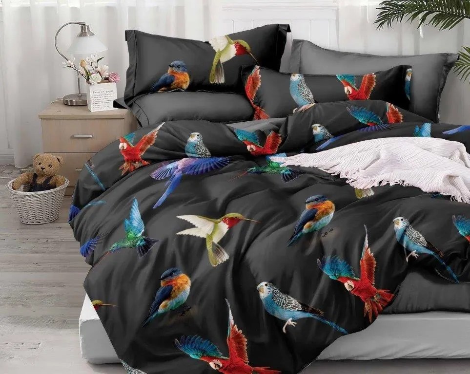 Lenjerie de pat din microfibra neagra, COLORFUL BIRDS