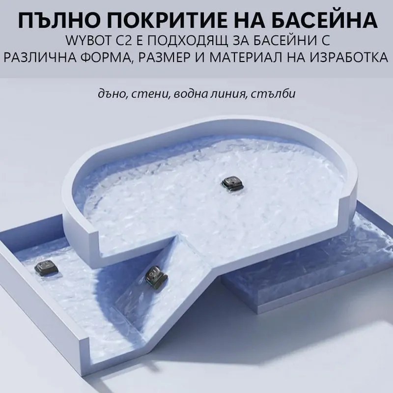 Robot fara fir pentru piscine Wybot C2, 65 W, 180 min, 200 m², Filtrare dubla, Functii autonome, Negru
