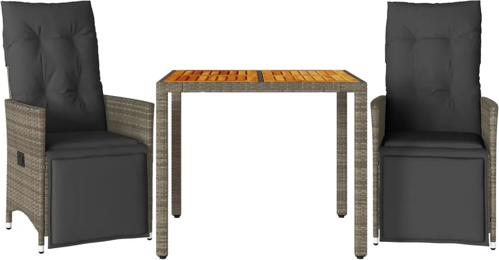 vidaXL Set bistro de grădină cu perne, 3 piese, gri, poliratan