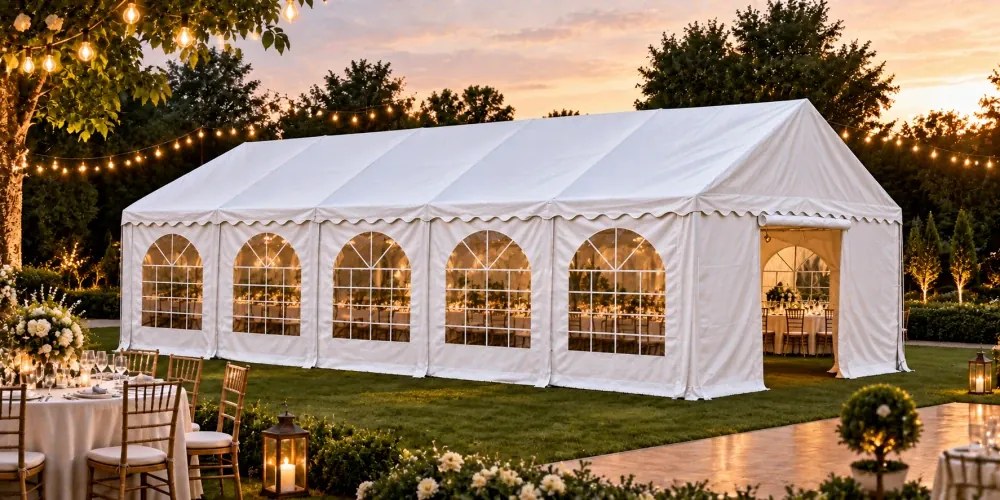 Cort evenimente Economy, 5 × 10 m, 50 m², PVC 440 g/m², structură metalică ranforsată, 10 ferestre, înălțime 2.9 m, Alb,