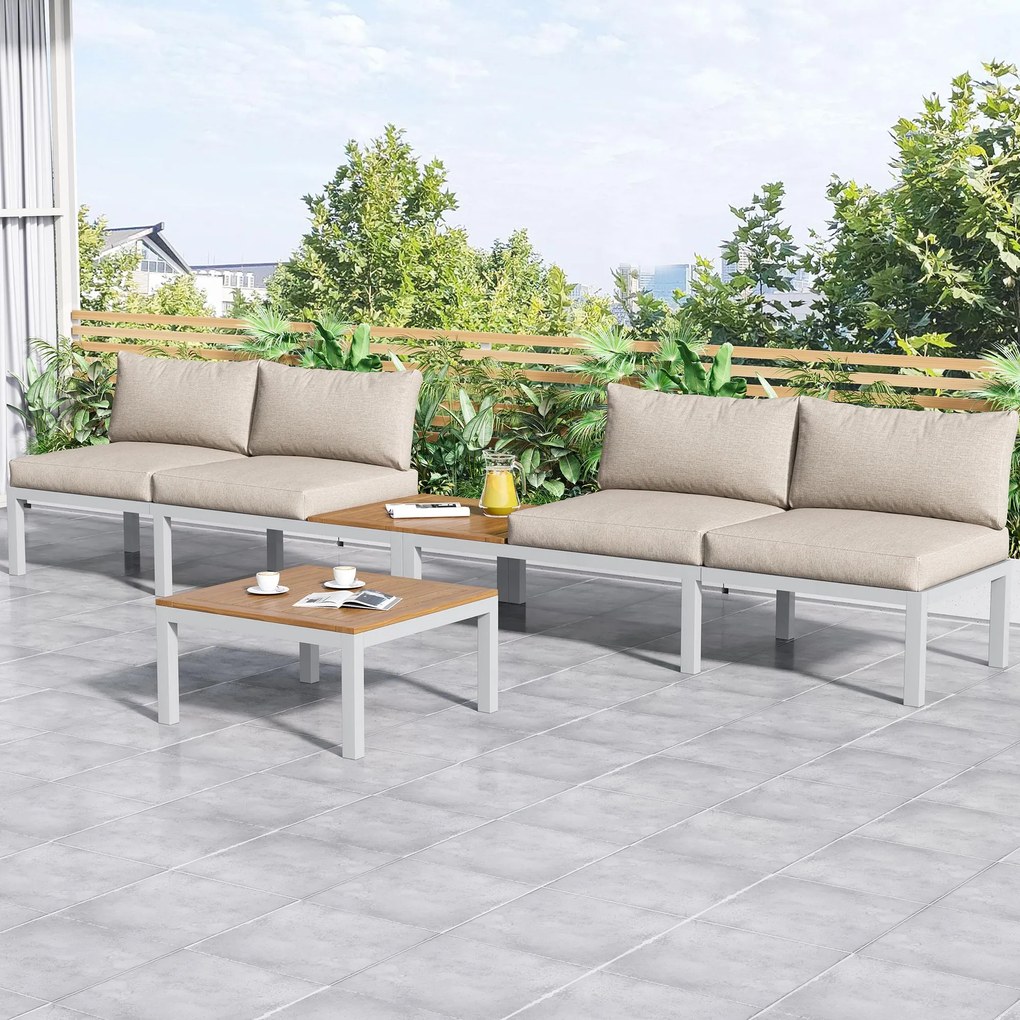 Set mobilier de grădină, cu 2x canapele de două locuri, 2x mese auxiliare, 1x masă, Bej