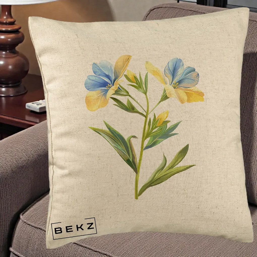 Perna Decorativa Botanica Frezie Galbena si Albastra, 40x40 cm, Bej, Husa Detasabila, Perna Inclusa, BEKZ®