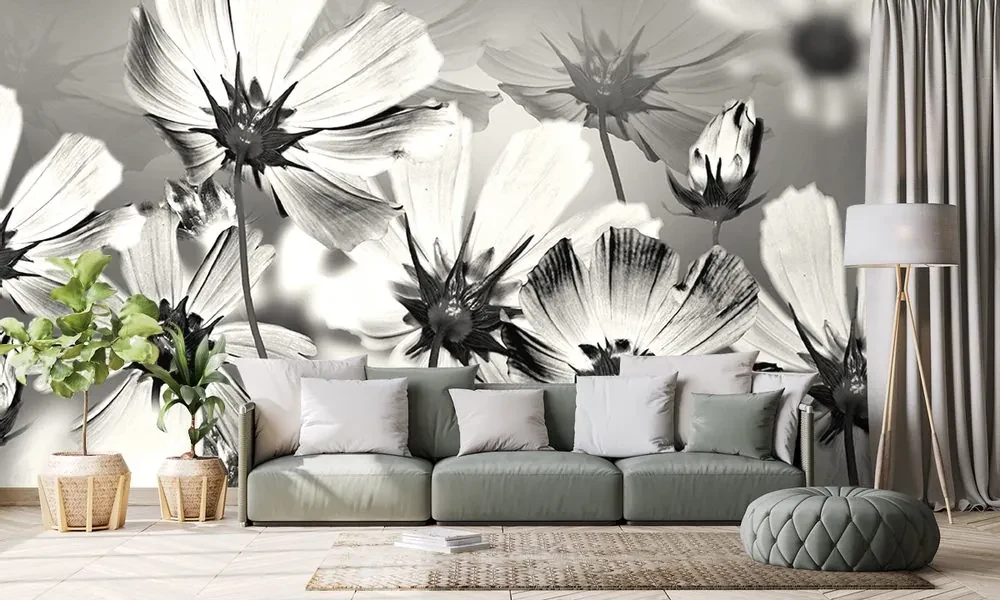 Tapet flori în design alb-negru
