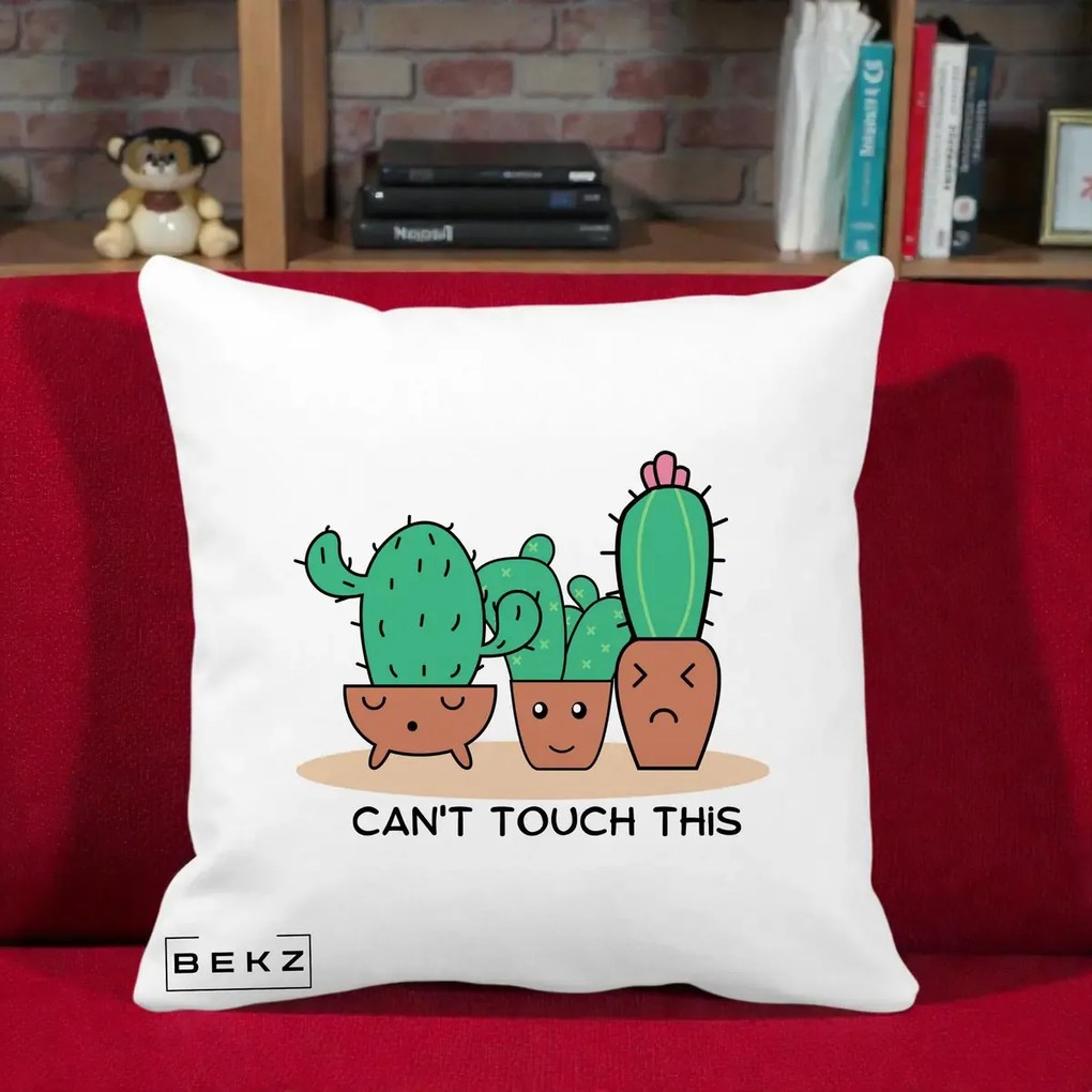 Perna Decorativa Cactus Funny Can't Touch This, 40x40 cm, Alba Mata, Husa Detasabila, Perna Inclusa, BEKZ®