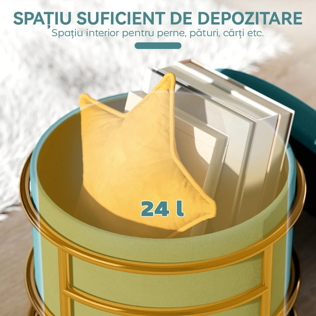 HOMCOM Pouf cu Spațiu de Depozitare în Catifea, 24L, Capac Detasabil, Ø42x39cm, Verde | Aosom Romania