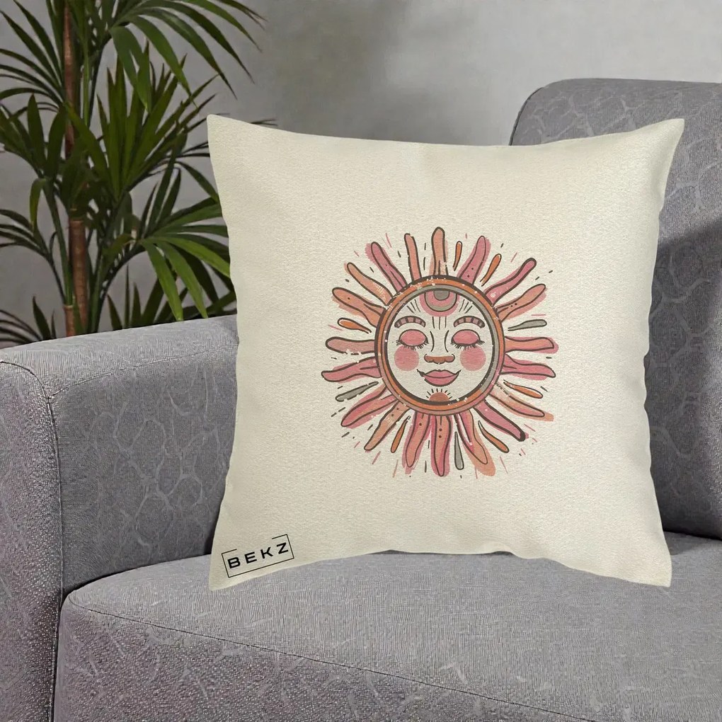 Perna Decorativa Soare Roz Tribal, 40x40 cm, Ecru, Husa Detasabila, Perna Inclusa, BEKZ®
